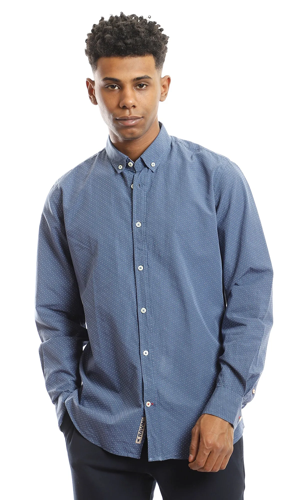 98174 Self Patterned Turn Down Collar Cotton Navy Blue Shirt