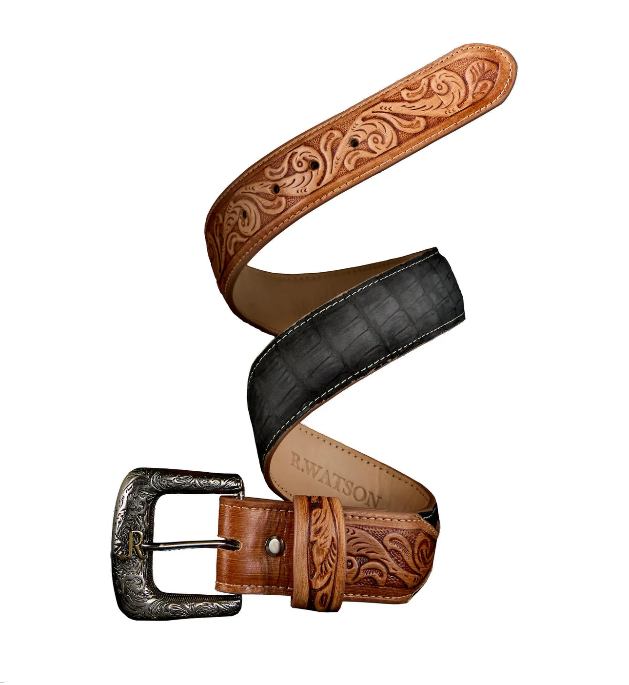 R. Watson Men's Black Nubuck Sueded Caiman with Natural Tanned Billets Western Belt RWB2371