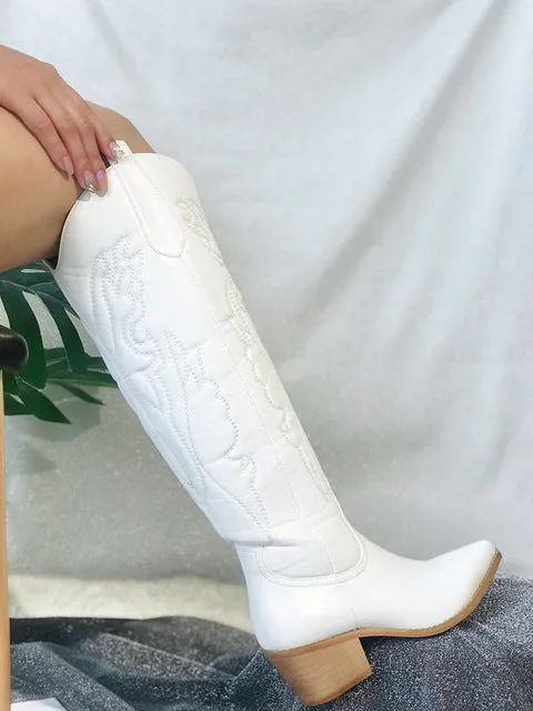 White Cowboy Cowgirls Western Boots Autumn Winter White Knee High Boots